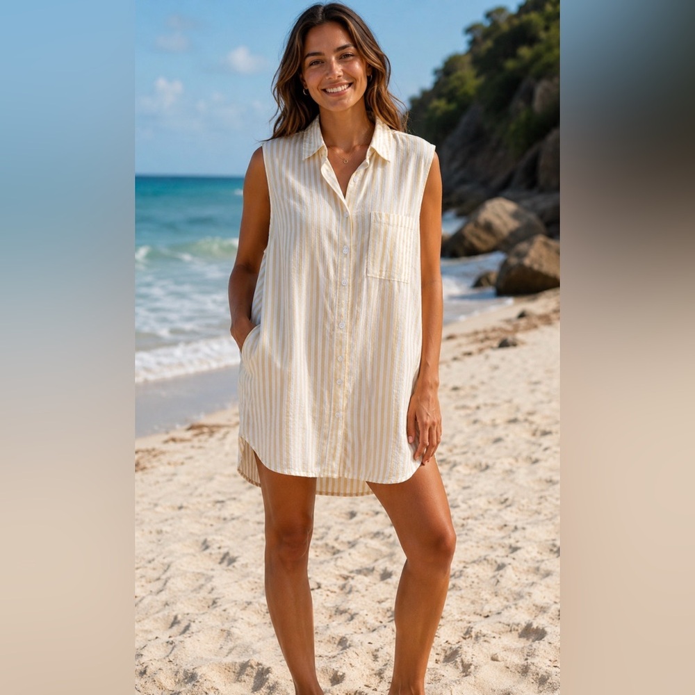 NWT Beach Lunch Lounge Ana Sleeveless Stripe Shirt Top Citronella Size L